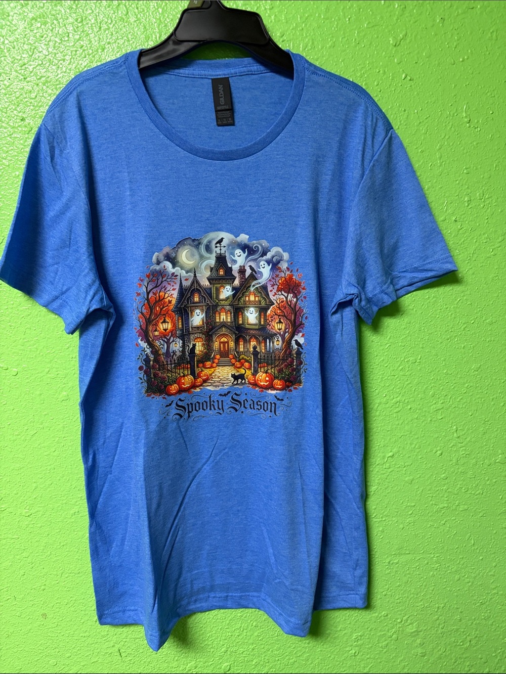 Gildan Blue Short-Sleeve Tee with Halloween Haunted House Graphic